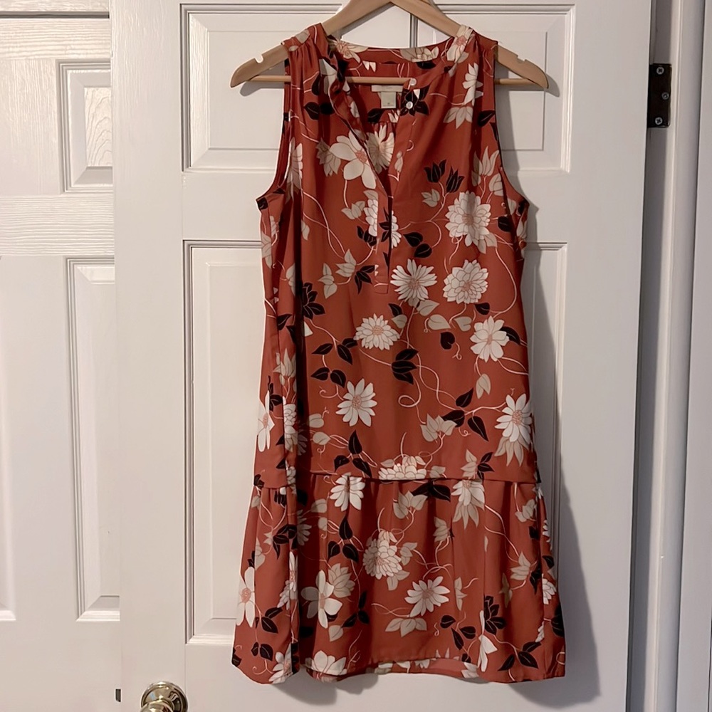 Loft, Floral orange and cream sleeveless dress, Size M